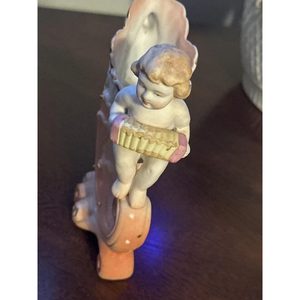 Cherub Vase: Vintage Bisque Figurine with Organ (Victorian Decor)
